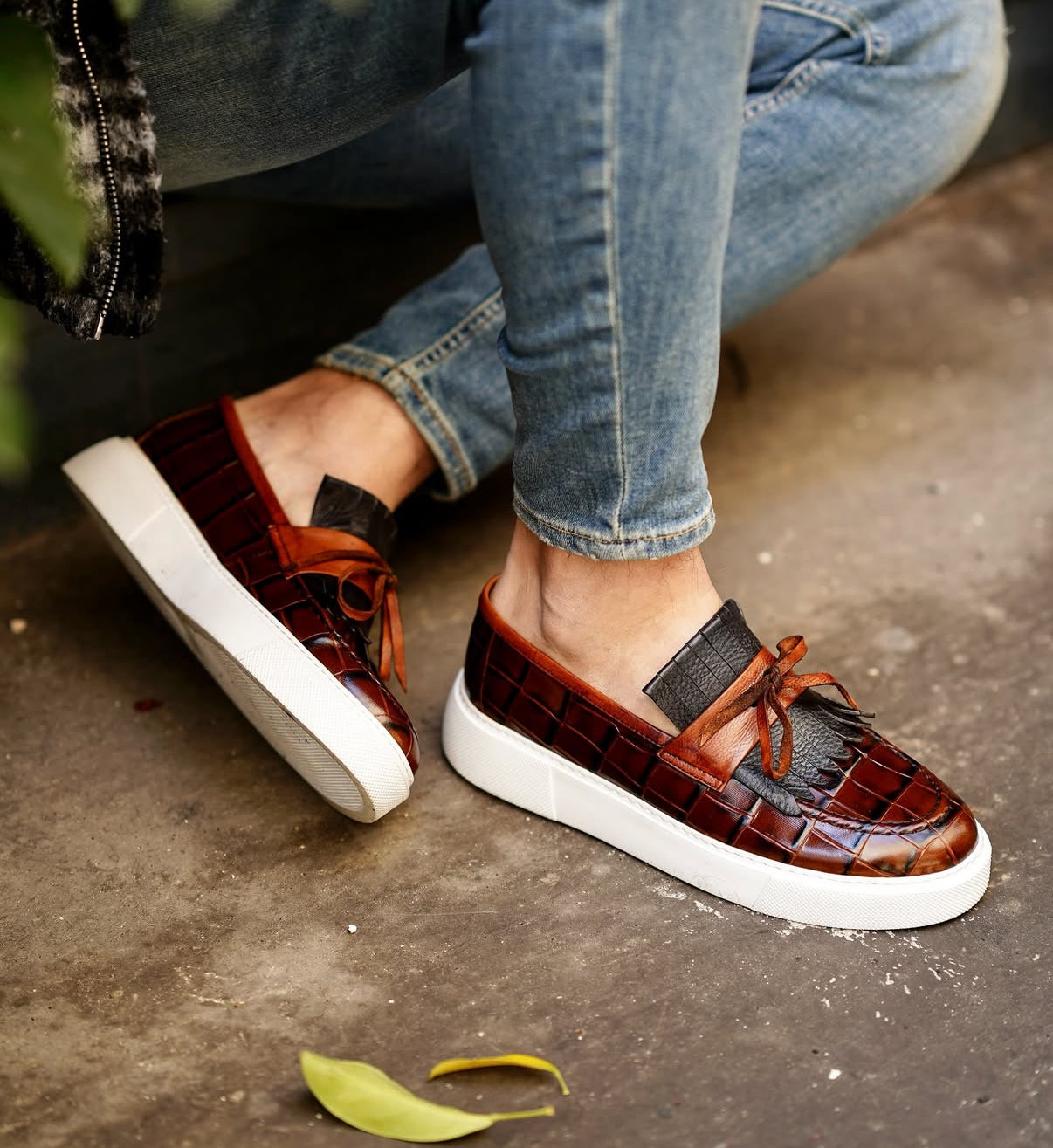 Brown Crocodile Embossed Platform Loafers with Tassel