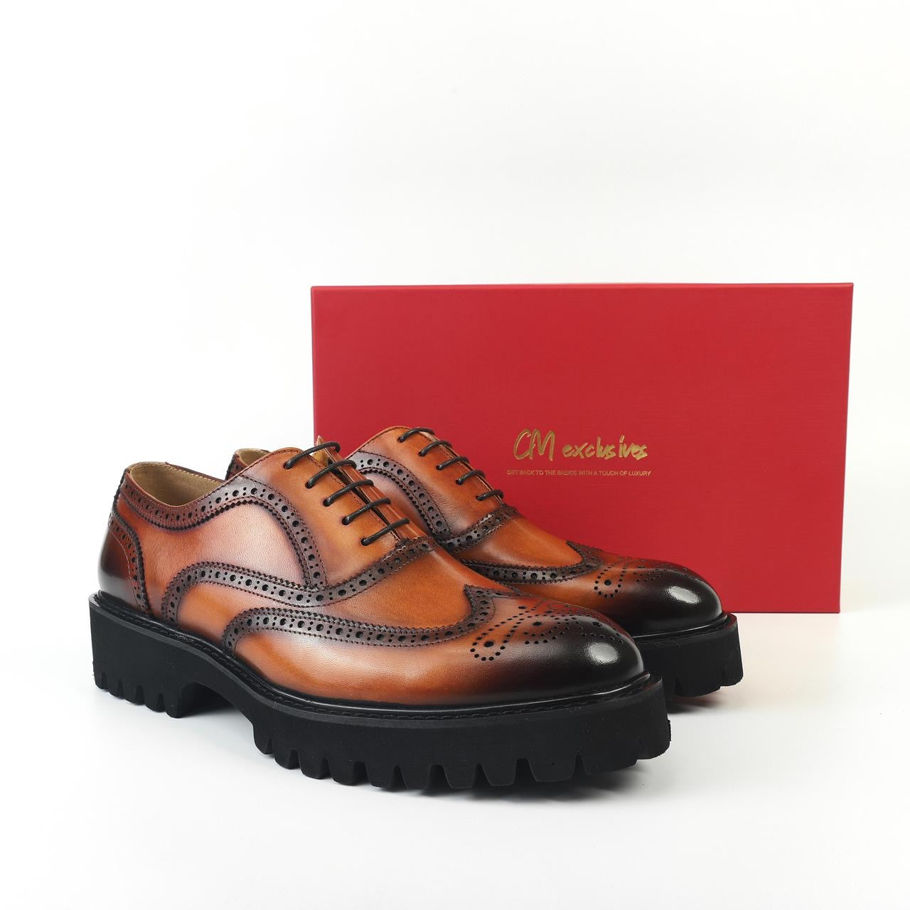 Atlas Burnt Wingtip Brogue Oxfords - Brown high sole