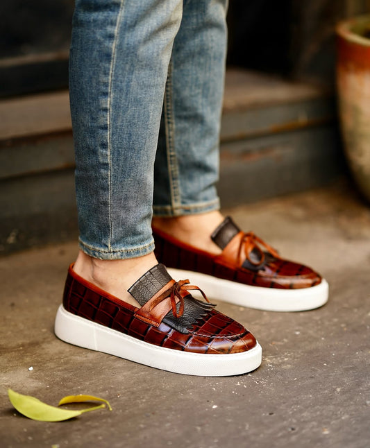 Brown Crocodile Embossed Platform Loafers with Tassel