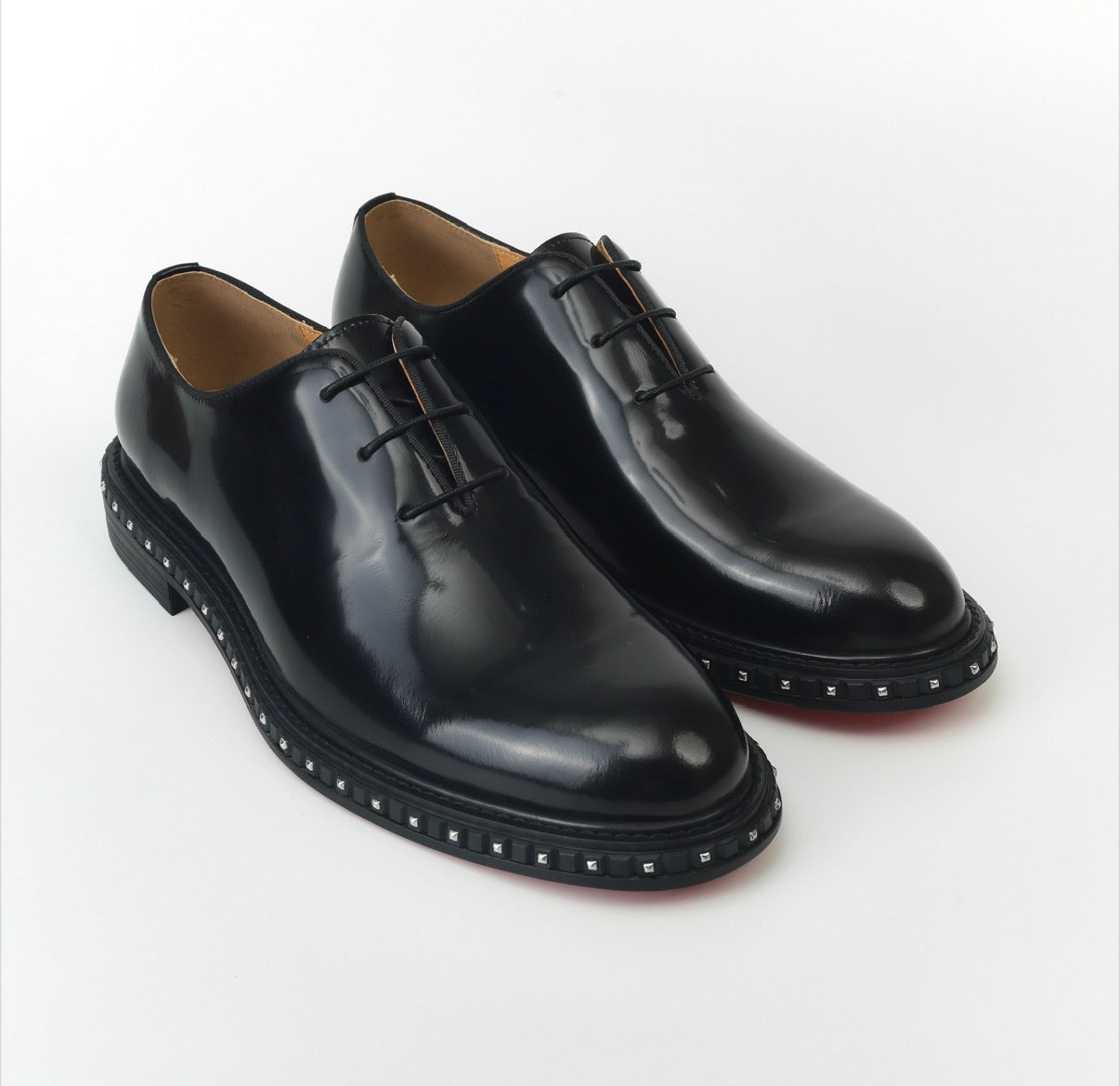 Black Patent Leather Studded Sole Dress Shoes with Red Sole