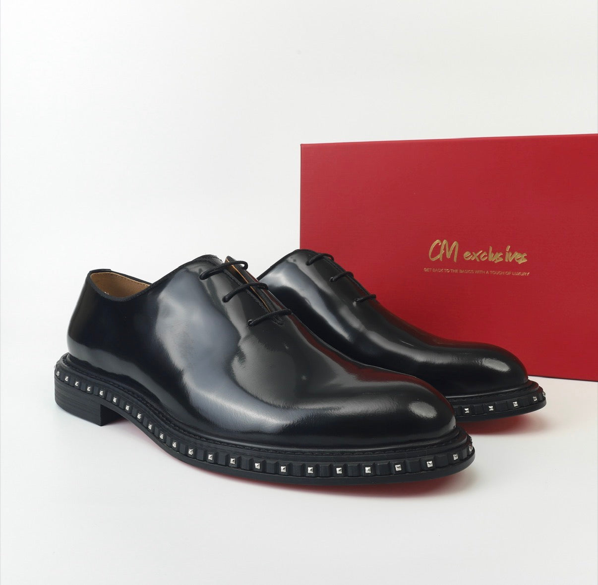 Black Patent Leather Studded Sole Dress Shoes with Red Sole