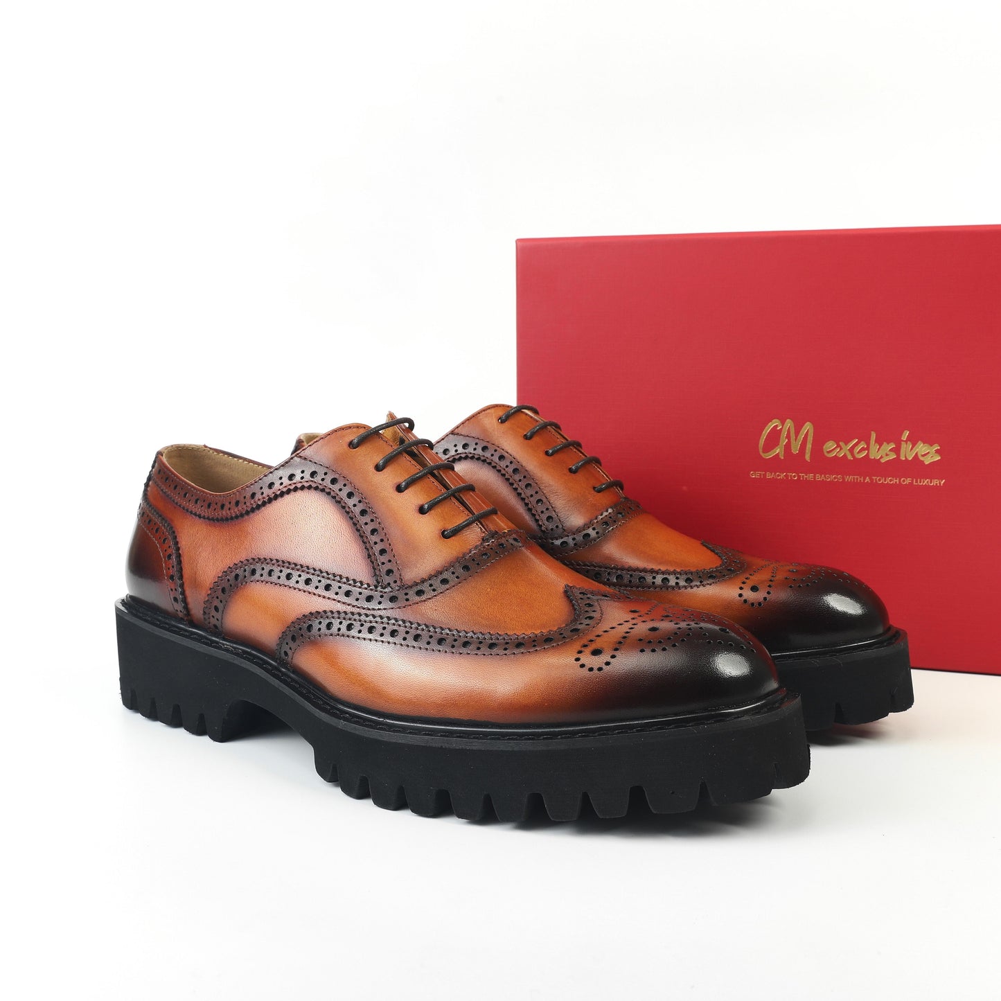 Atlas Burnt Wingtip Brogue Oxfords - Brown high sole
