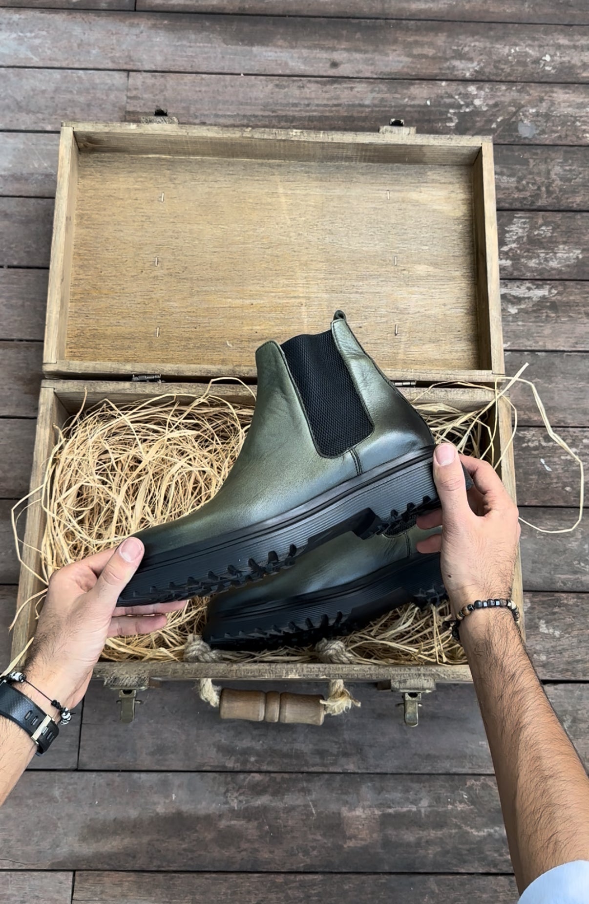 Military Green Chunky Rubber
Sole Chelsea Boots