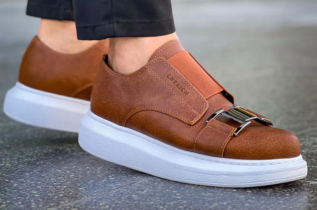 Brown and white Chekich Buckle
Slip-On Sneakers