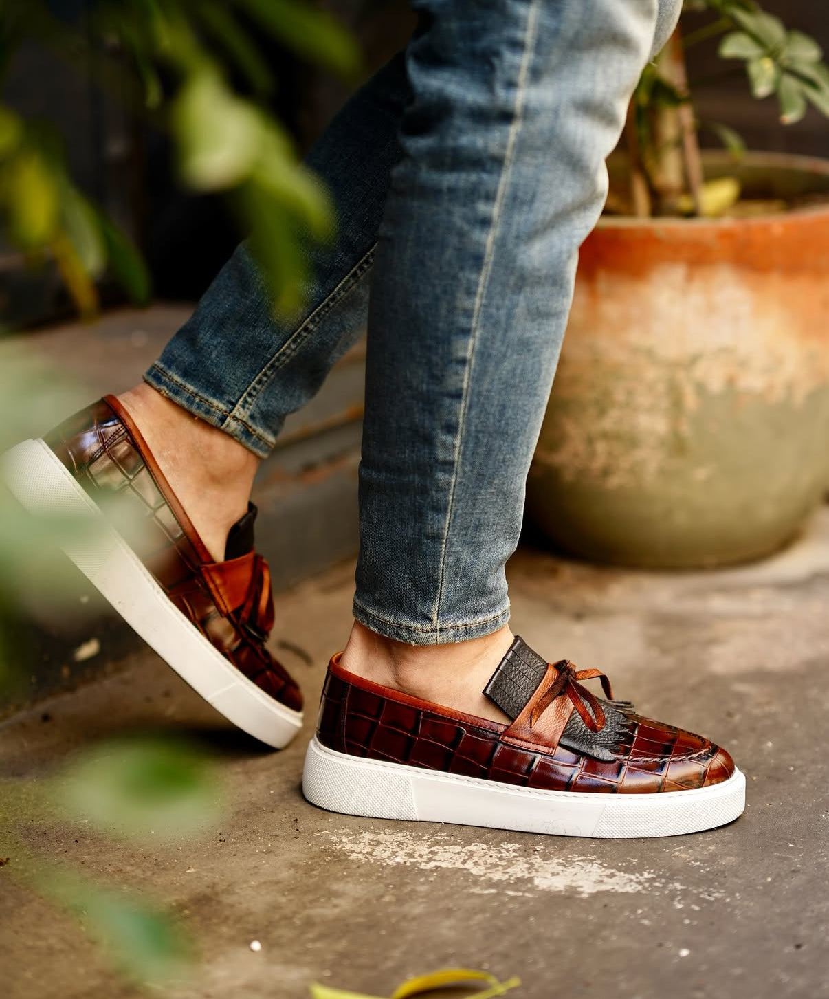 Brown Crocodile Embossed Platform Loafers with Tassel