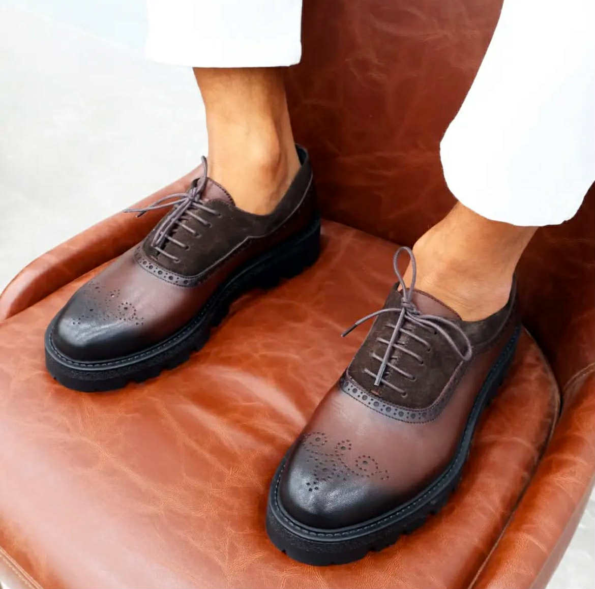 Brown High SoleLeather-Suede
Brogue Oxford Dress Shoes